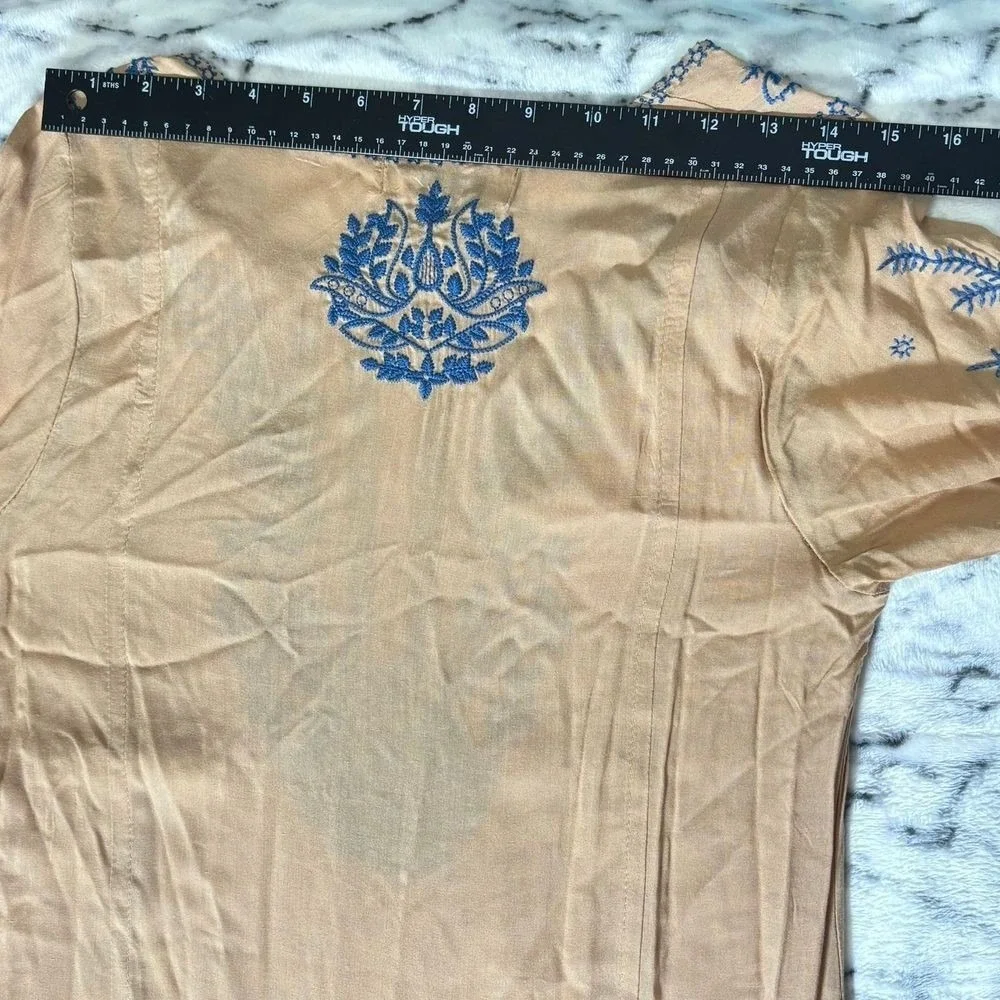 Bohemian Embroidered Dress Sz M Natural Long Sleeve Flowy Relaxed Cottage BOHO - Picture 8 of 11